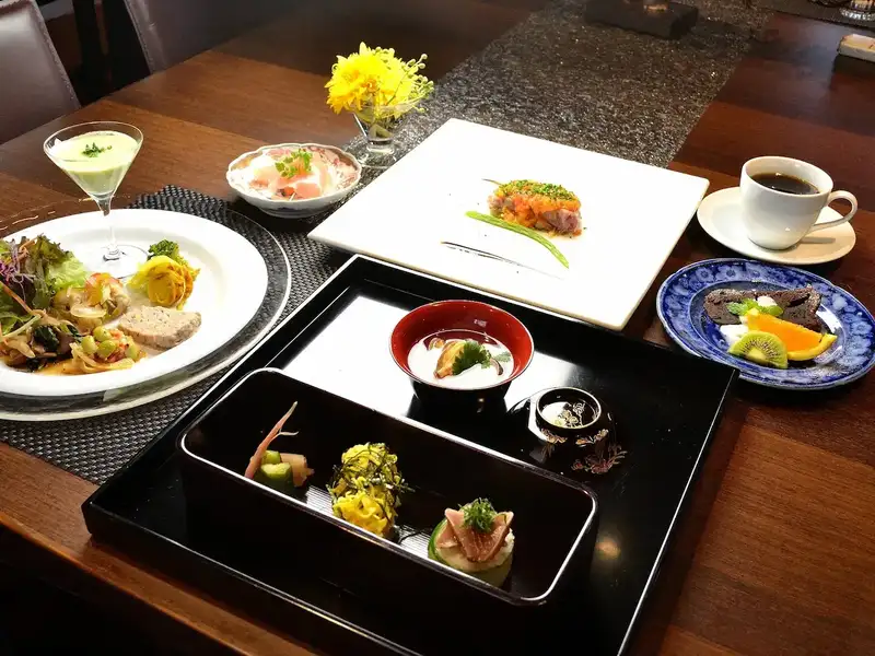 A set meal of various Japanese dishes in Kyushu, Japan