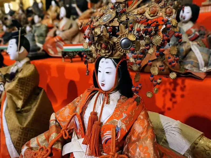 Handmade Hina doll on display in Hita