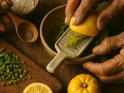 A man making a yuzu-based condiment by grating lemons by hand