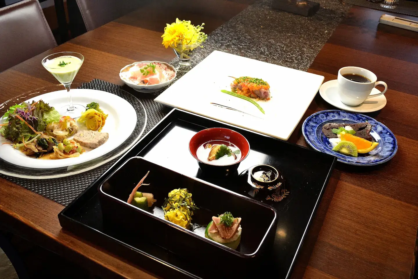 A set meal of various Japanese dishes in Kyushu, Japan